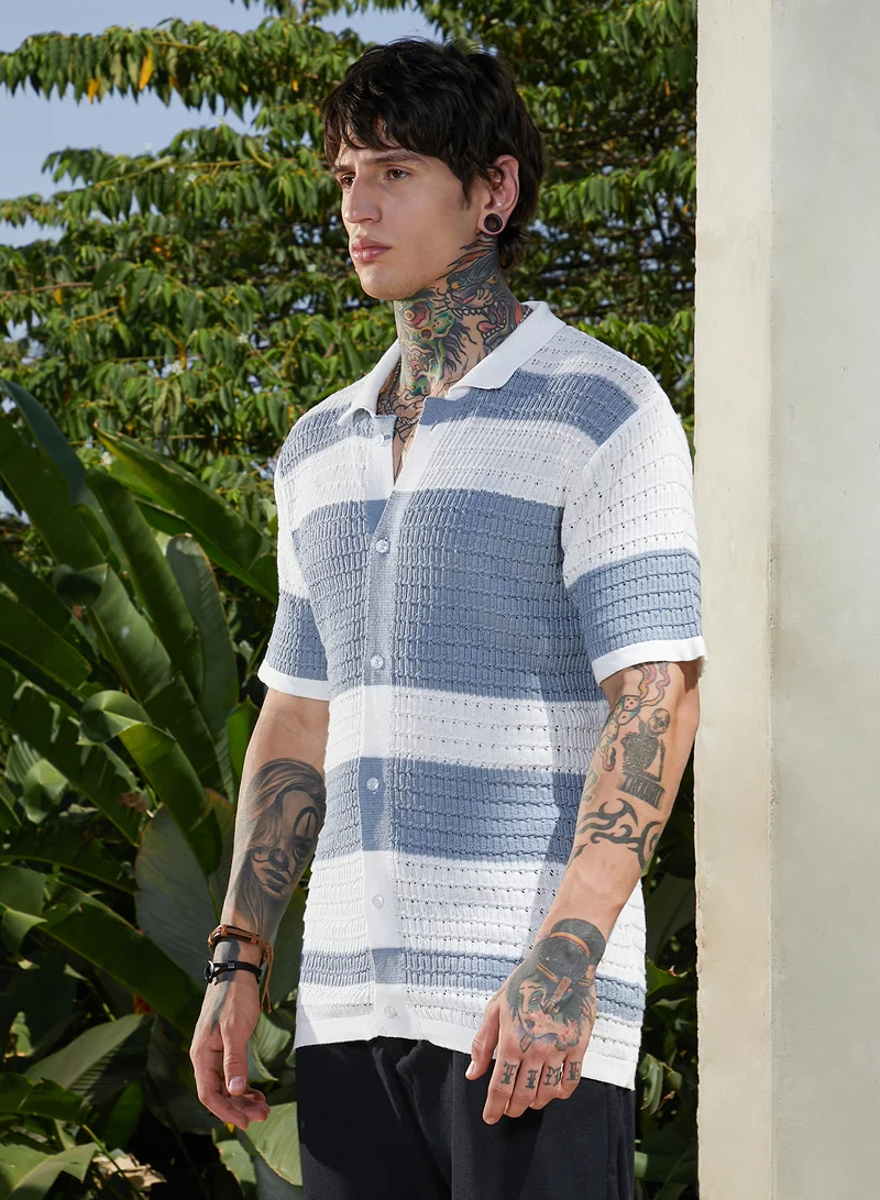 CAHOOT  Men's Icy Blue & Daisy White Panel-Knit Relaxed Shirt For Casual Wear | Polo Neck | Short Cuffed Sleeves | Button Closure | Shirt Crafted With Comfort Fit For Everyday Wear for Men | Best Price UAE